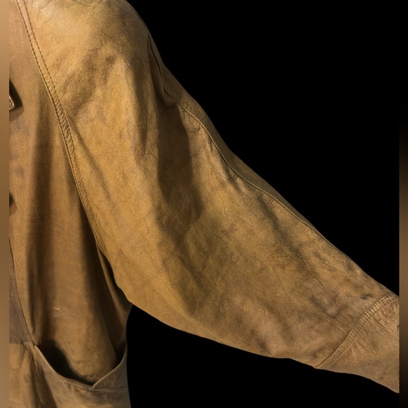 VINTAGE 1989 WINLIT BROWN‎ LEATHER DOUBLE BREAST TRENCH COAT SIZE MEDIUM - Picture 3 of 13